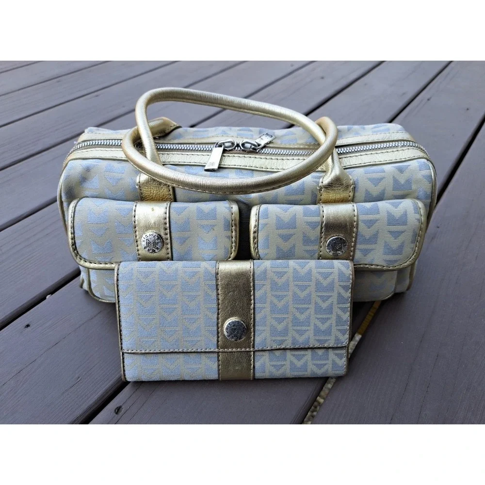 VTG Michael‎ Kors Italian Jacquard Gold Leather Trim Satchel Handbag Wallet NWT